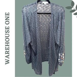 Warehouse One Burnout Gray Lightweight Cadigan Sweater Embroidered Sleeve 3x